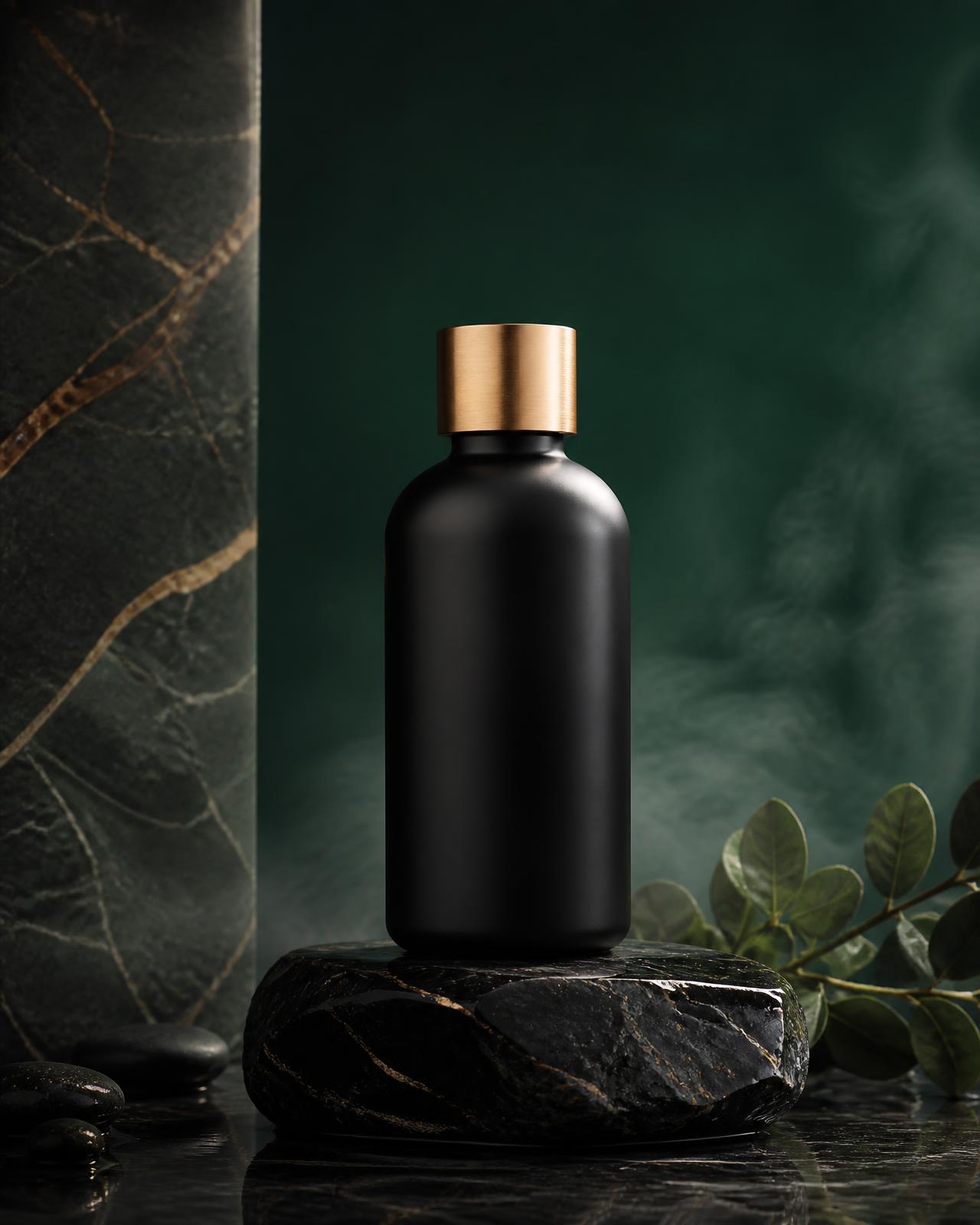 Matte black wellness bottle with a gold cap on dark stone